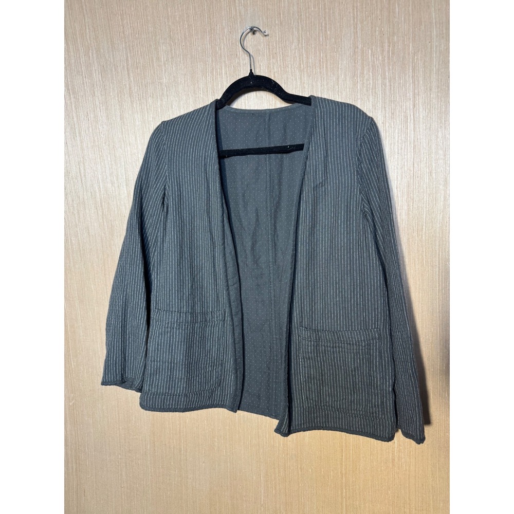 Eileen Dark Gray Pinstripe Dot Chore Open Front Reversible Cotton Cardigan